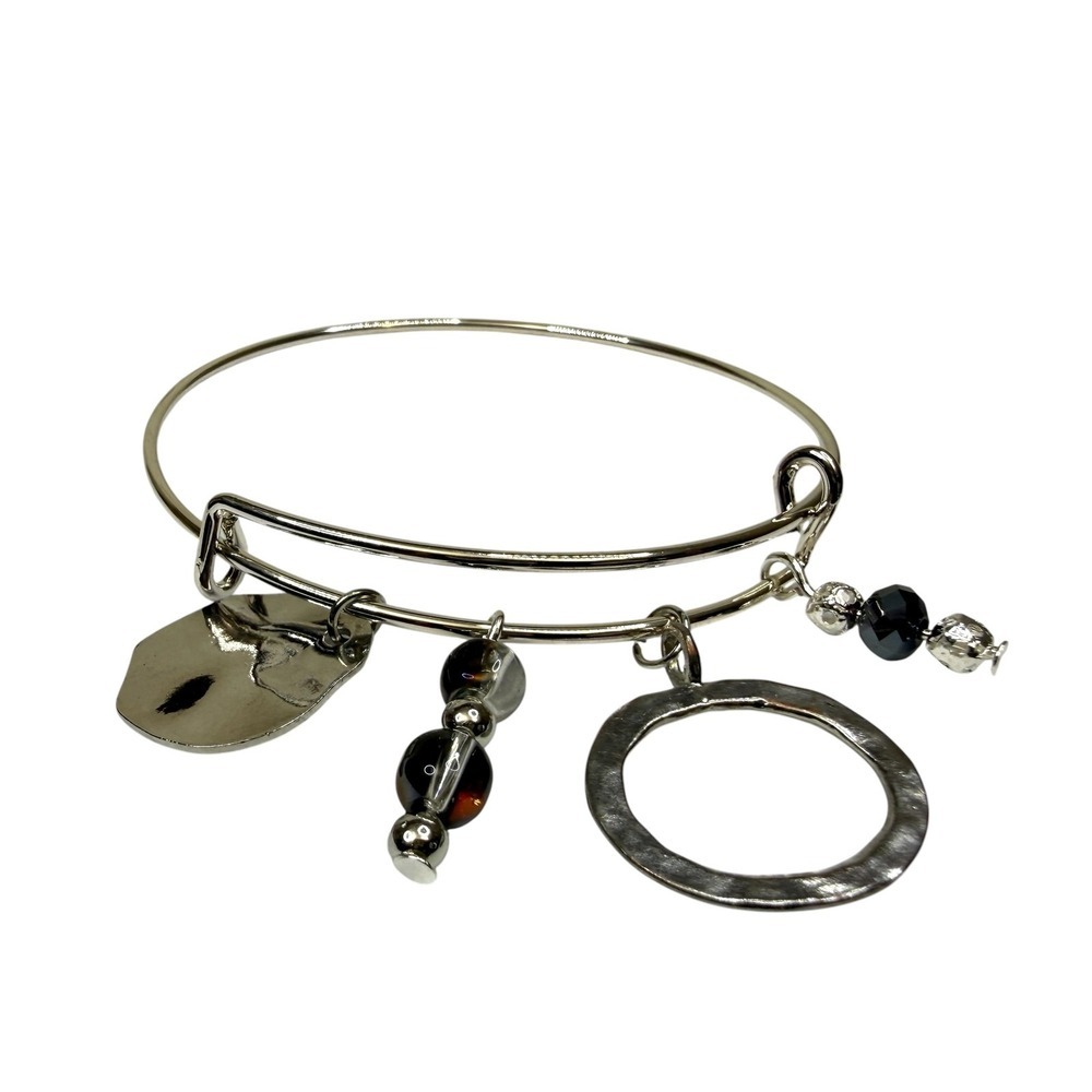 Expandable Silver Tone Bangle Bracelet with Black & Smoky Bead Charms